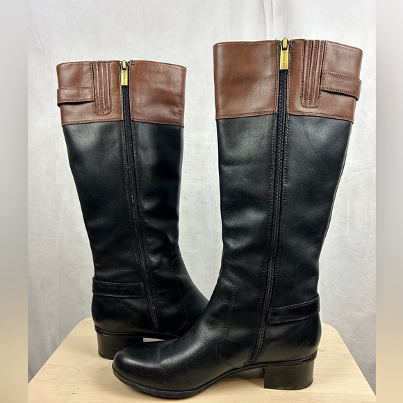 BANDOLINO BDCastin Leather Riding Boots Women's 9 Black Brown Knee High Zip Gold - Picture 5 of 9